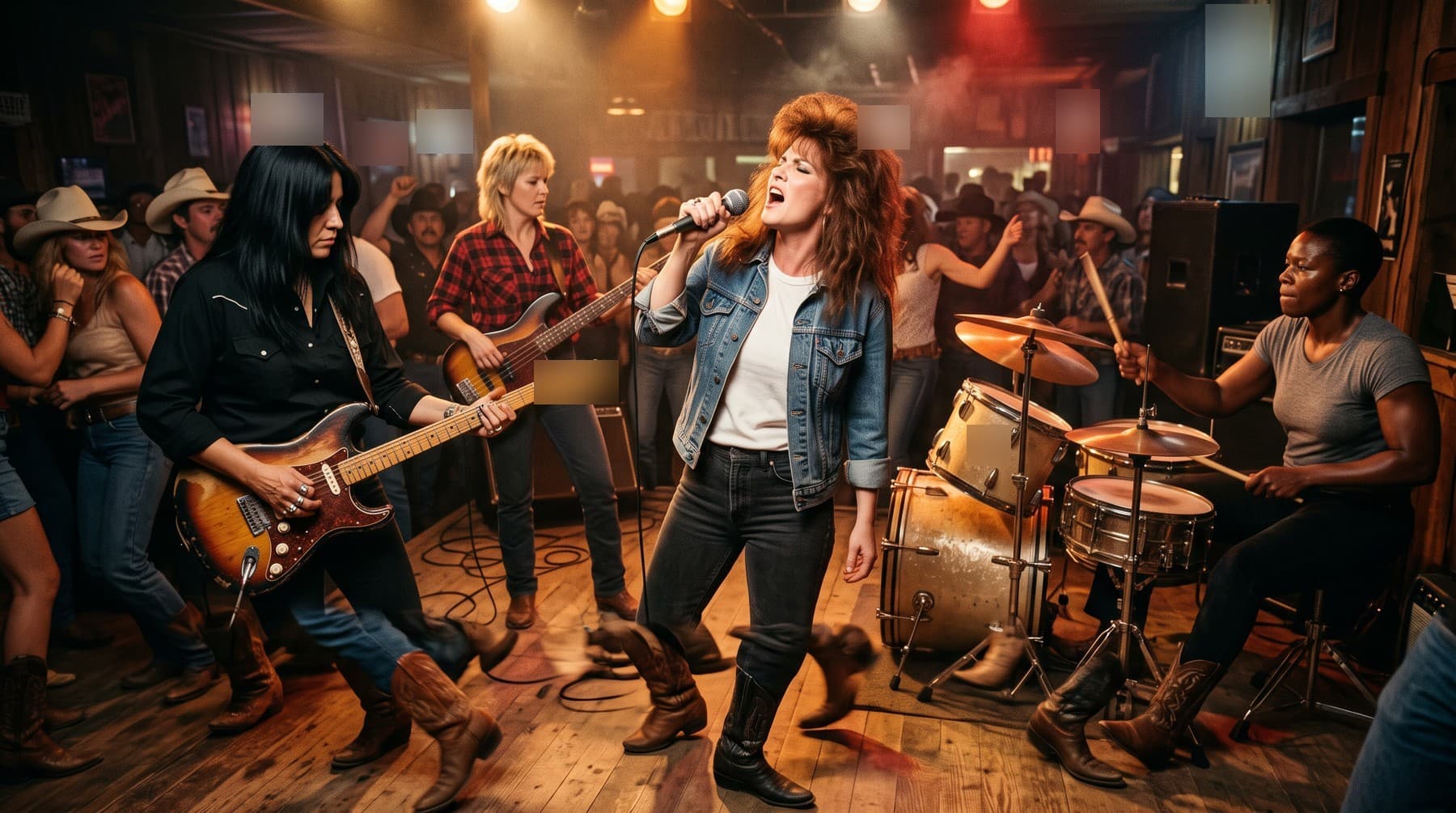 Incarcerated Kittens on the floor of a Texas dance hall: the singer in a denim jacket at the microphone, the guitarist in black, the bassist in red flannel and the drummer at a worn kit, a crowd in boots and hats around them