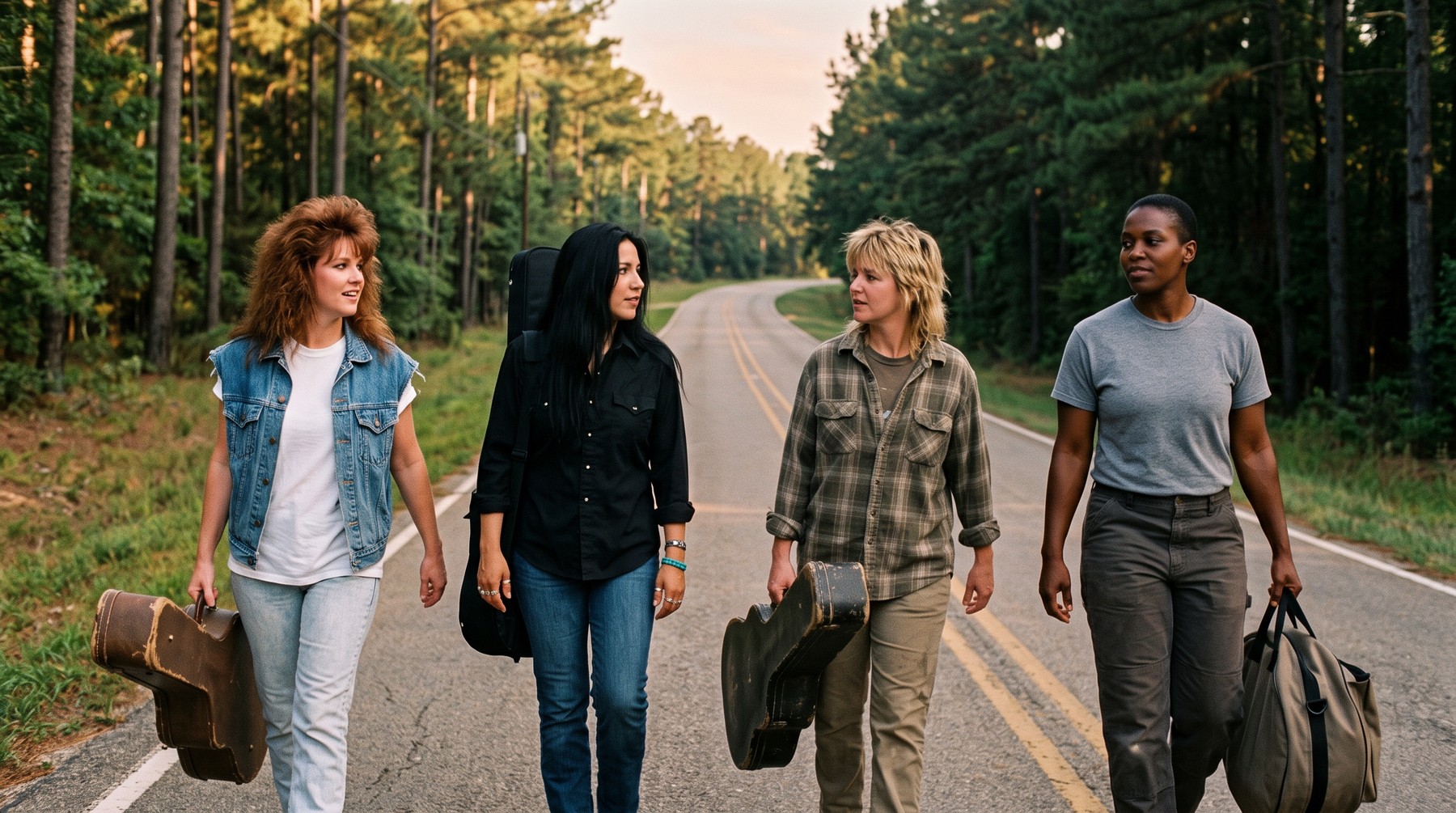 The four members walking down a two-lane road through tall pines, carrying instrument cases and a duffel bag